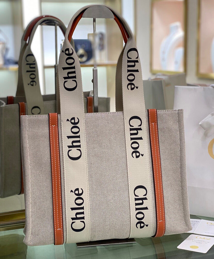 Chloe Medium Woody Tote Bag Canvas with Leather Cream/Orange